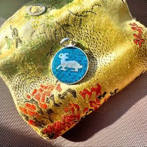 Capricorn the goat zodiac charm 925 sterling silver and teal colored stone inlay